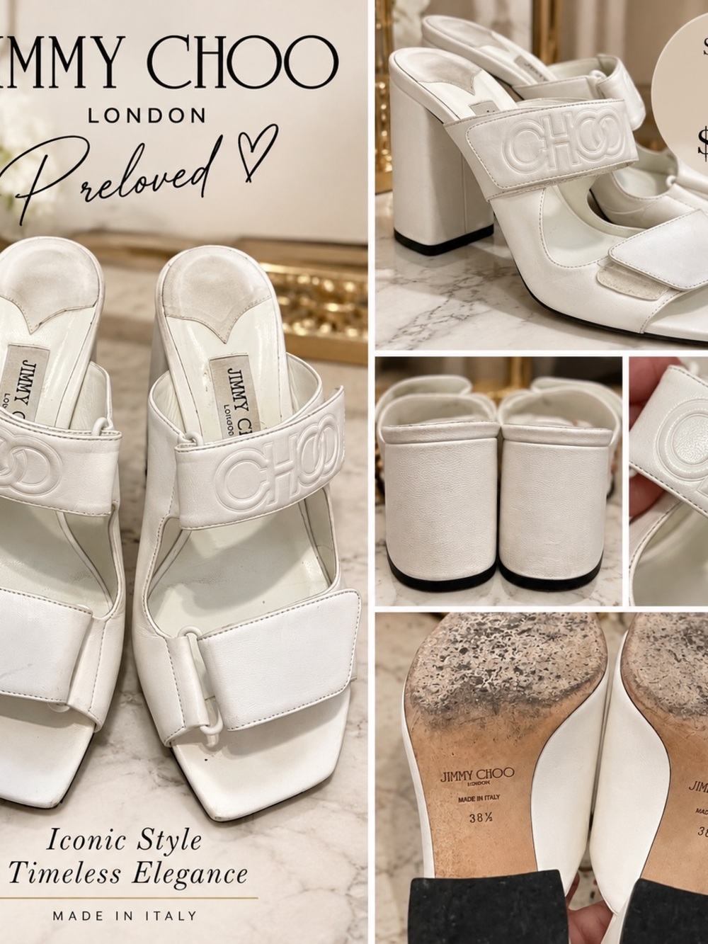 Jimmy Choo White Leather Block Heel Slide Sandals with Logo Strap
